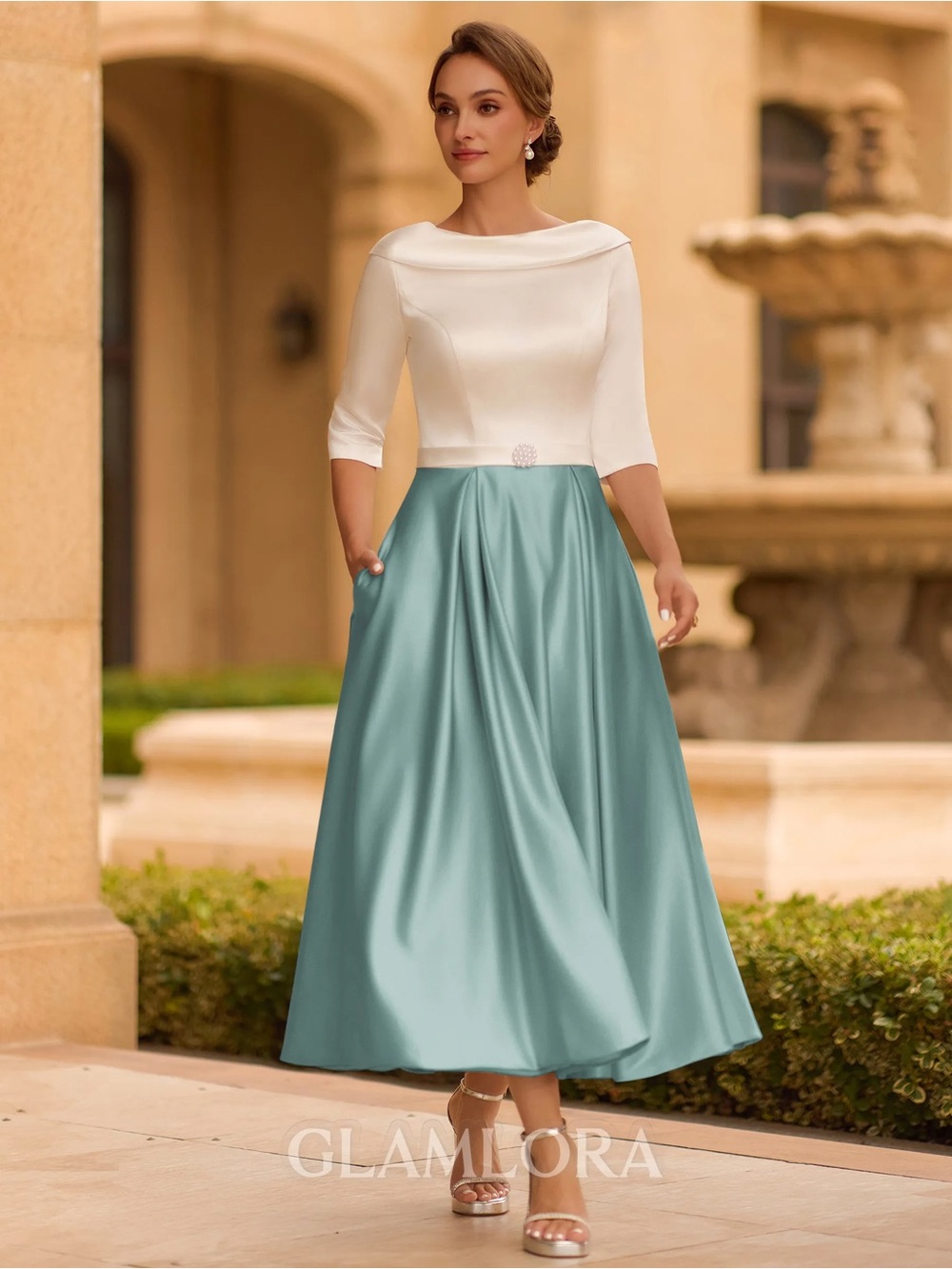 Elegant Two-Tone A-Line Midi Skirt Dress in White and Blue